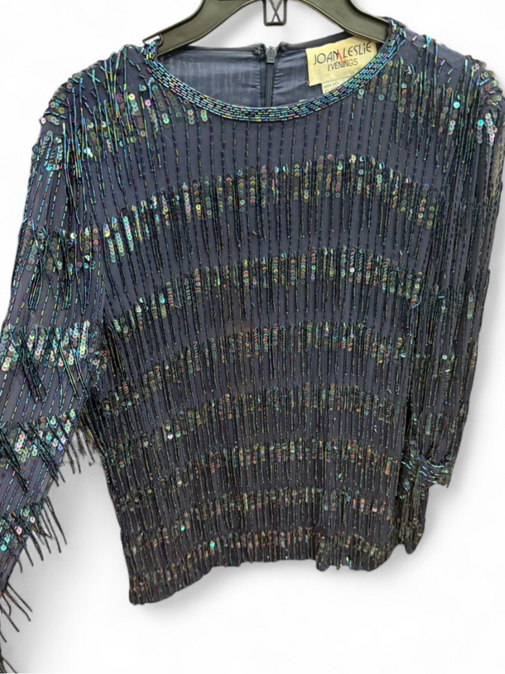 Vintage Joan Leslie Evenings Sequins Beaded Formal Long-Sleeve 100% Silk Top